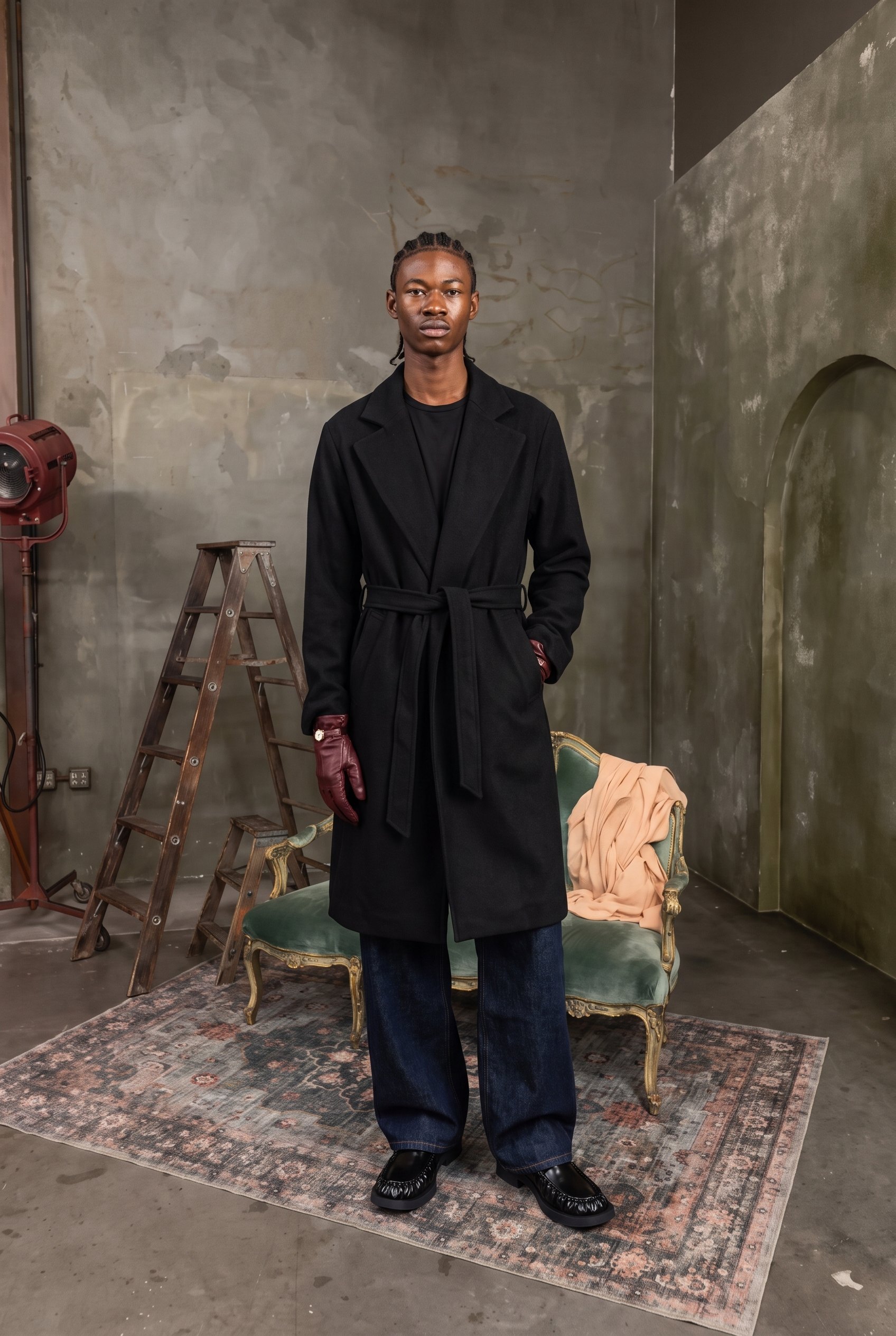 Belted Wool Coat and Raw Denim: full look