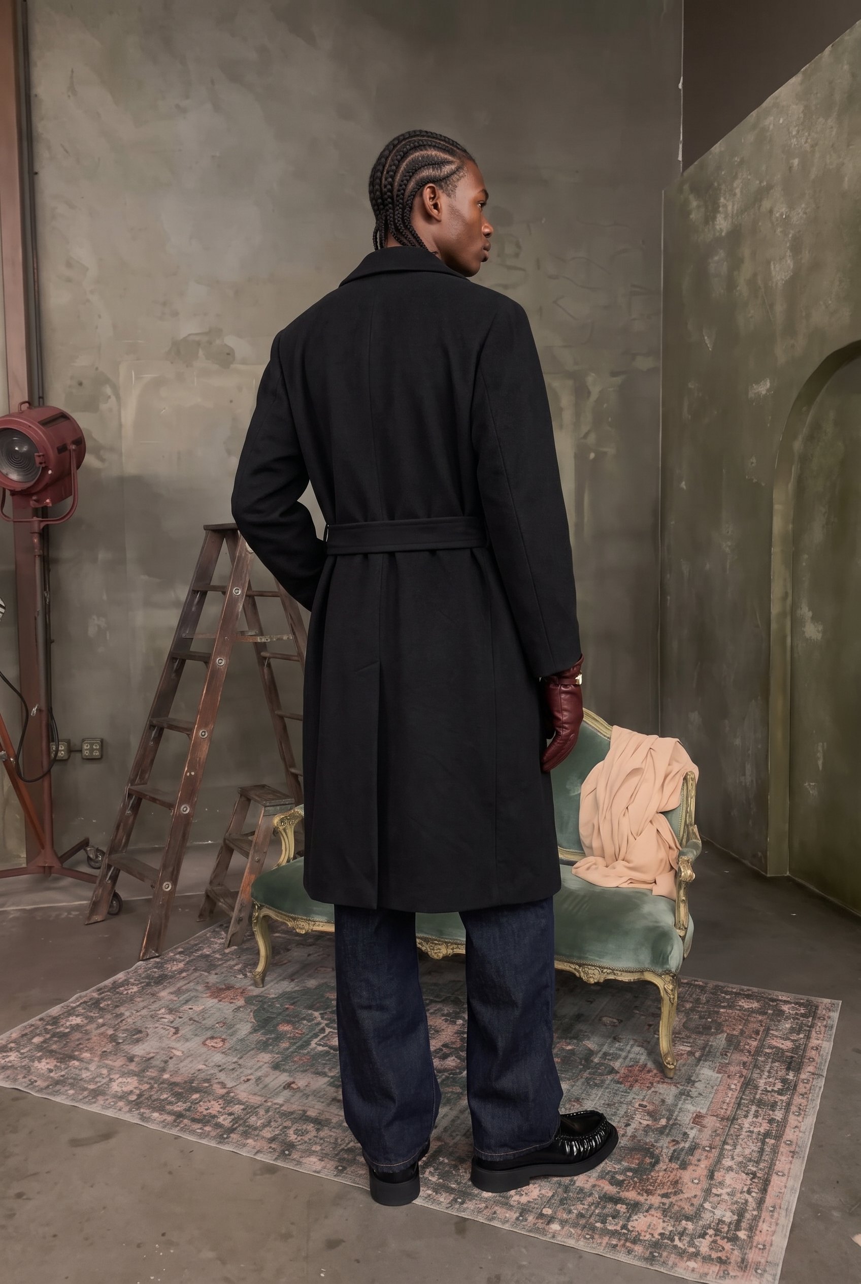 Belted Wool Coat and Raw Denim: back view