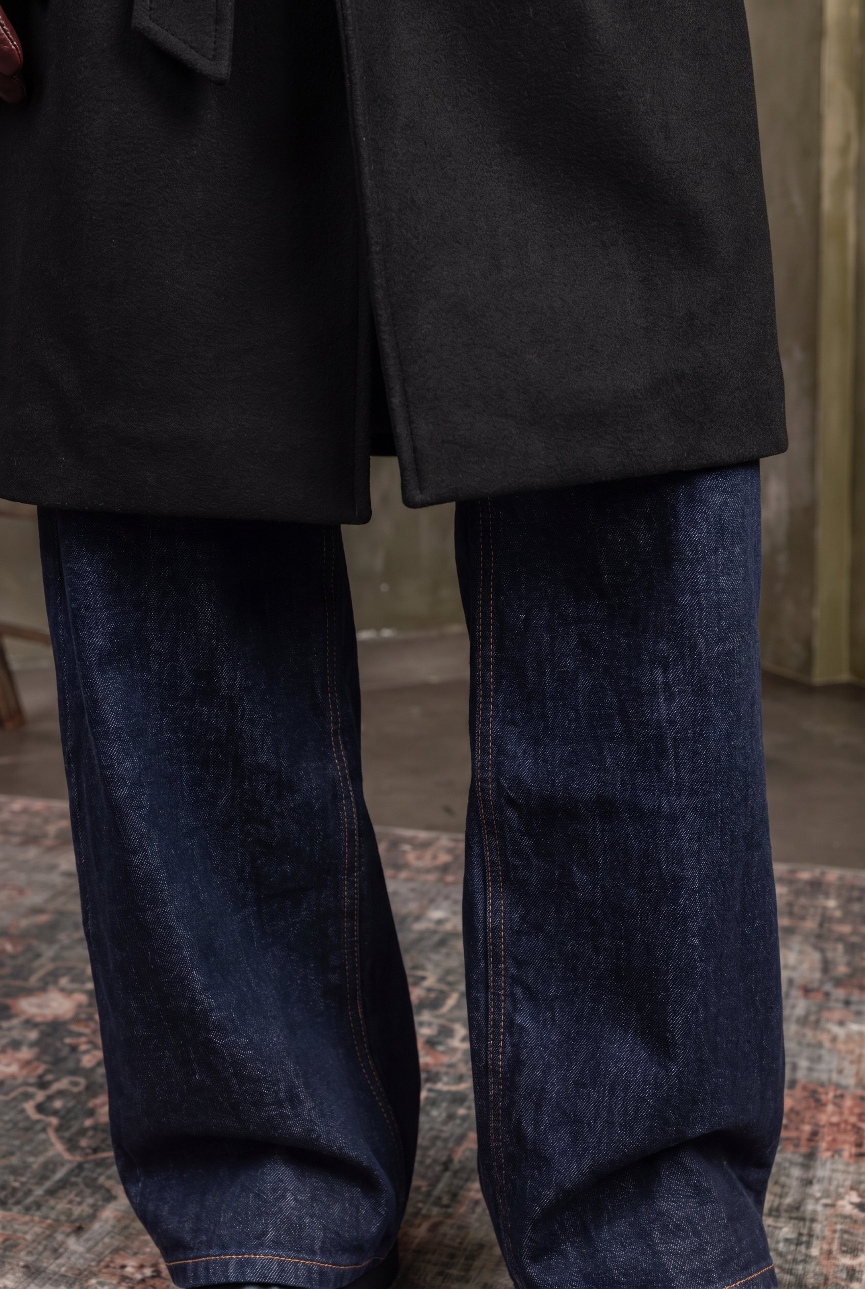 Belted Wool Coat and Raw Denim: jeans detail