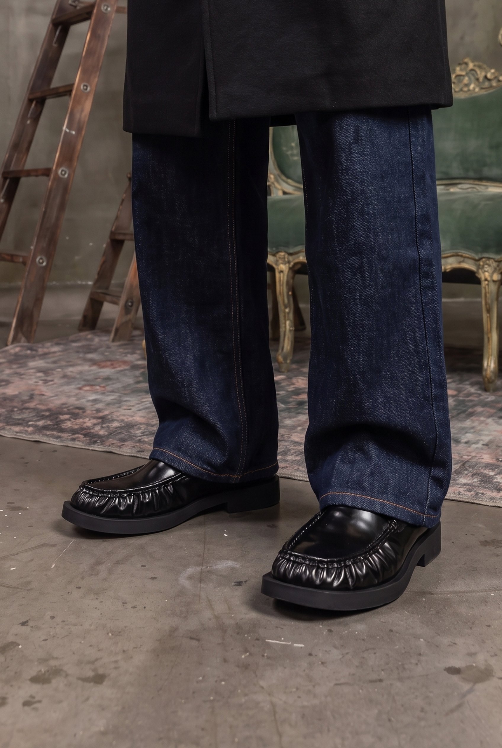 Belted Wool Coat and Raw Denim: loafer detail
