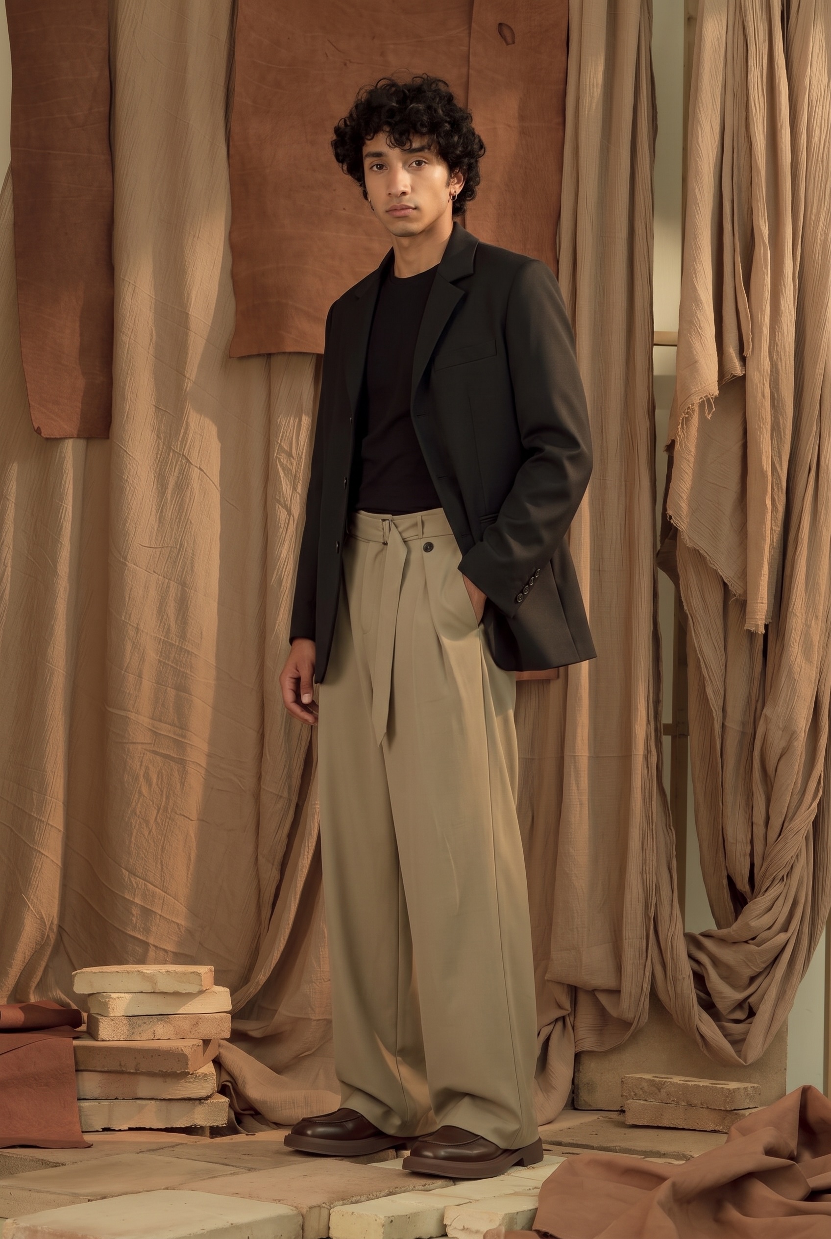 Charcoal Blazer and Belted Wide Trousers: three-quarter view