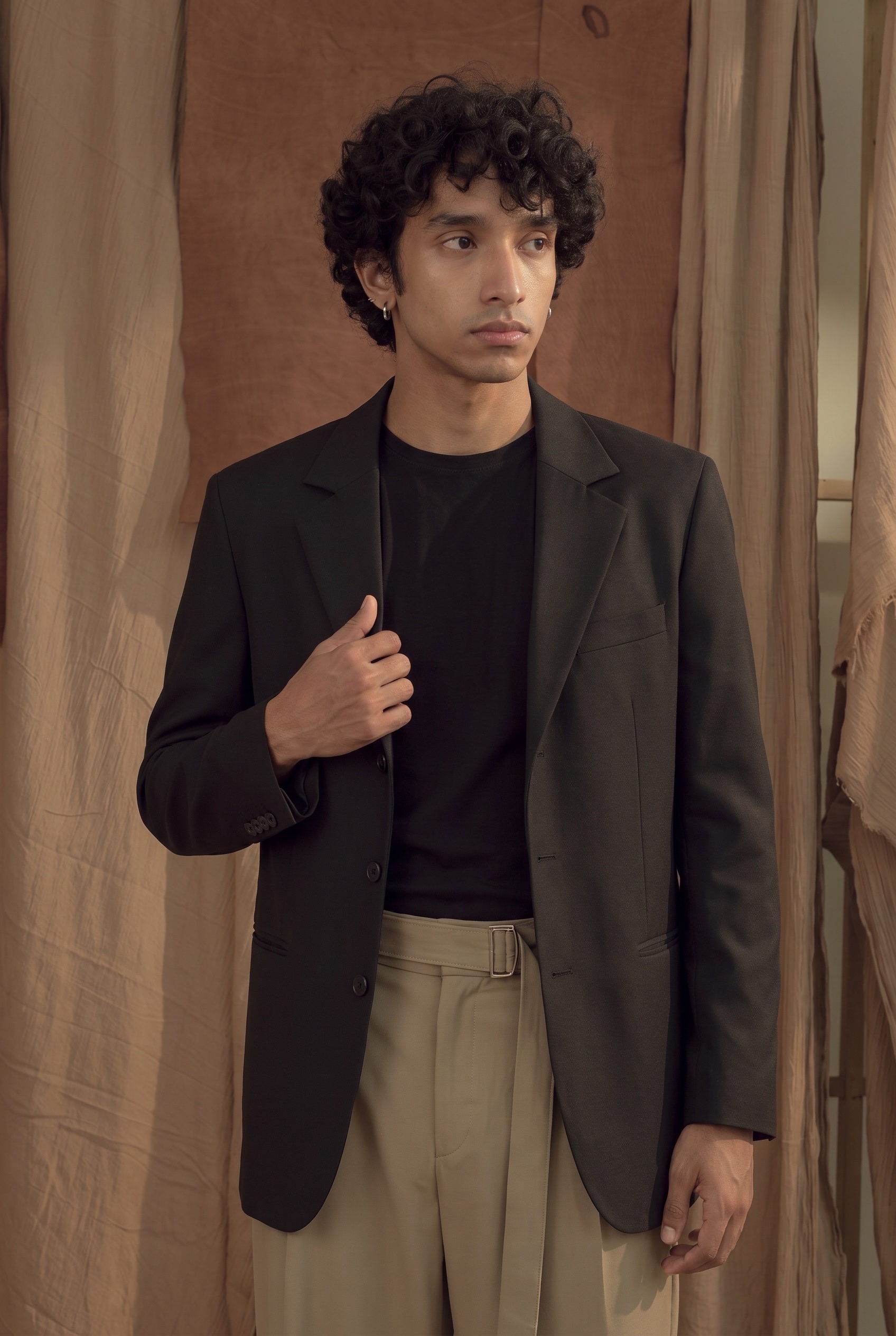 Charcoal Blazer and Belted Wide Trousers: candid