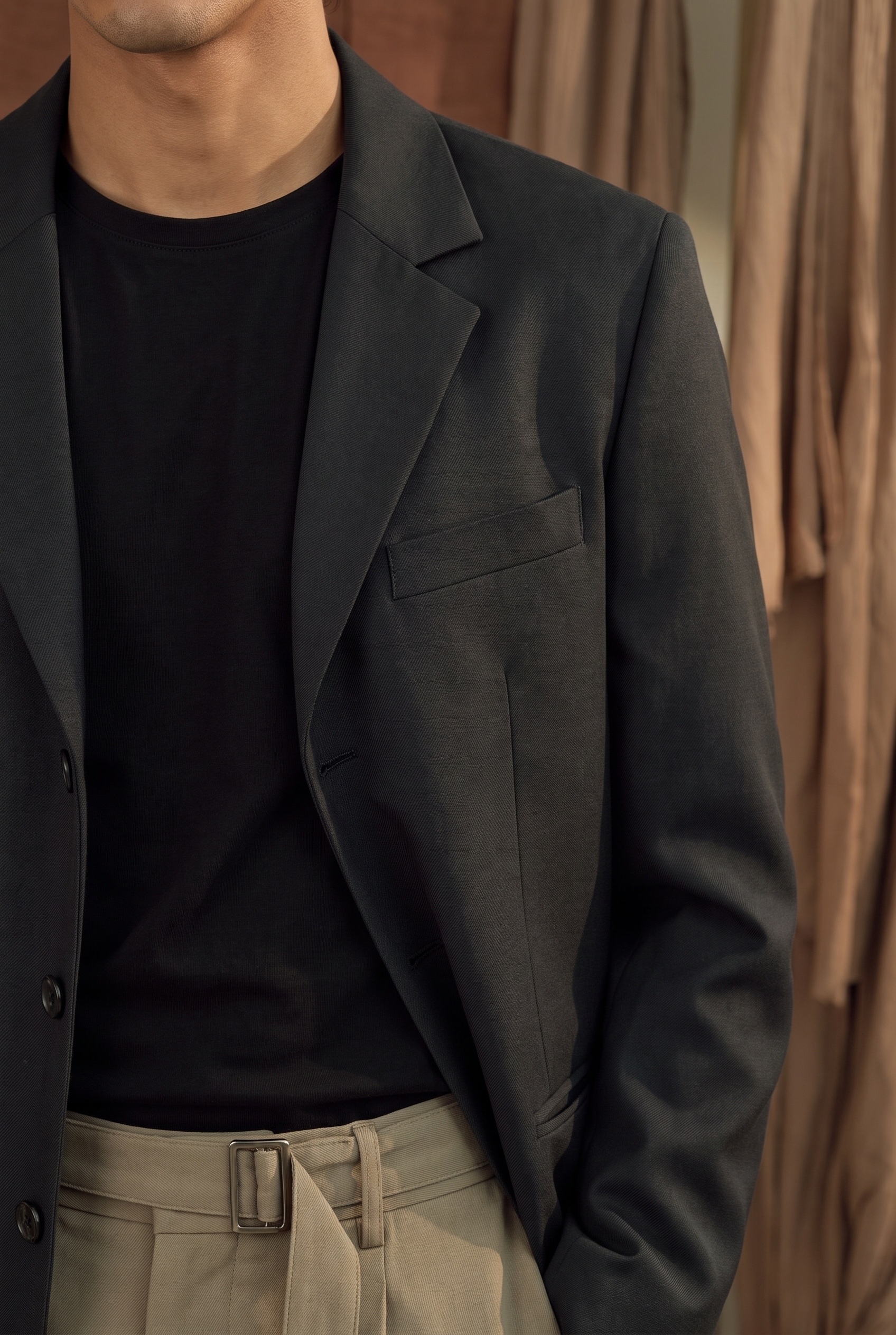 Charcoal Blazer and Belted Wide Trousers: blazer detail