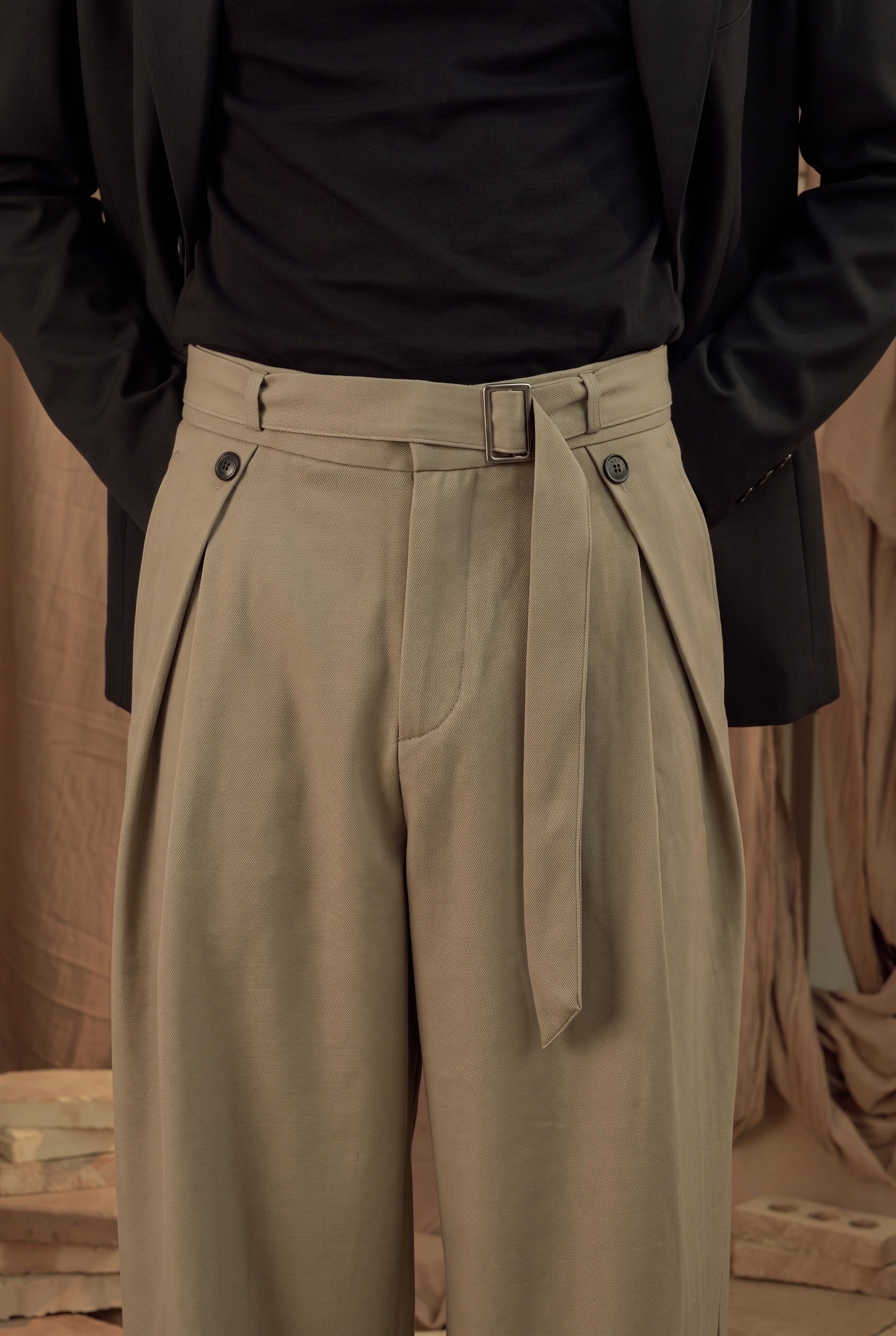 Charcoal Blazer and Belted Wide Trousers: trouser detail