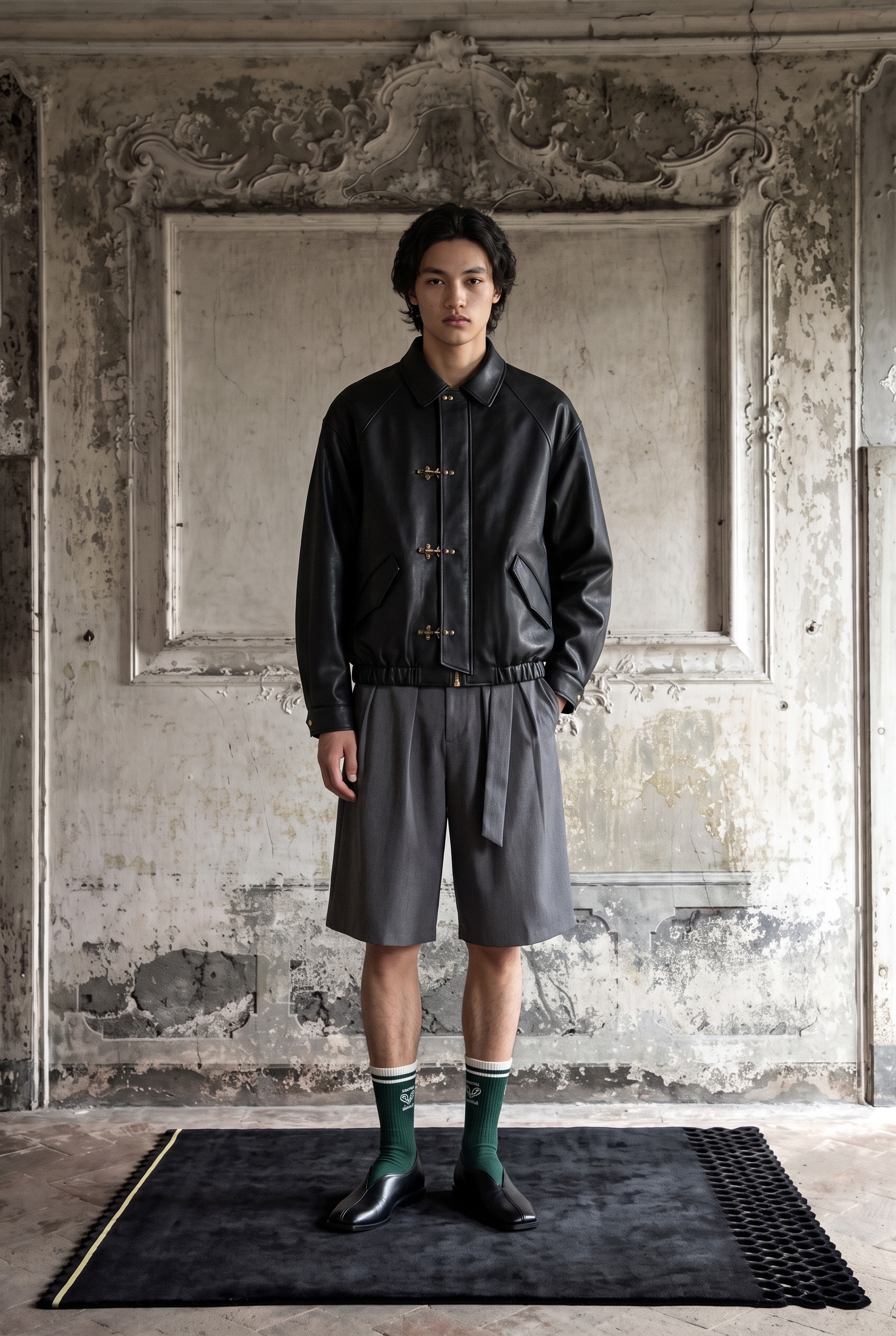 Leather Blouson and Pleated Shorts: full look