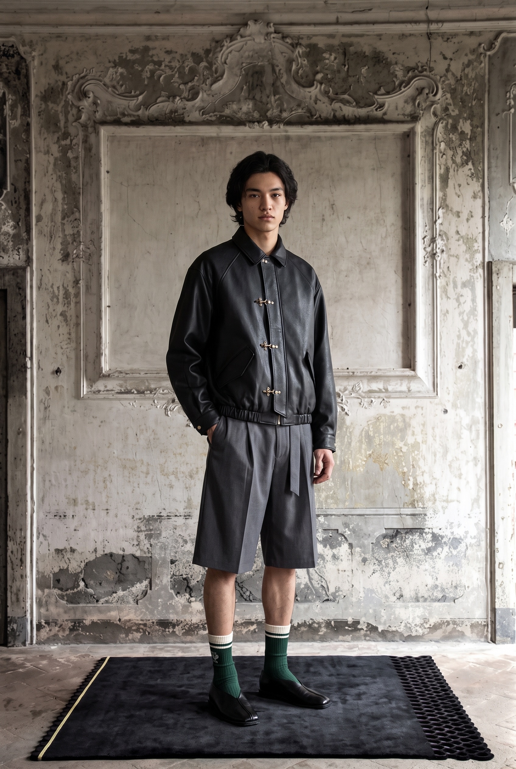 Leather Blouson and Pleated Shorts: three-quarter view