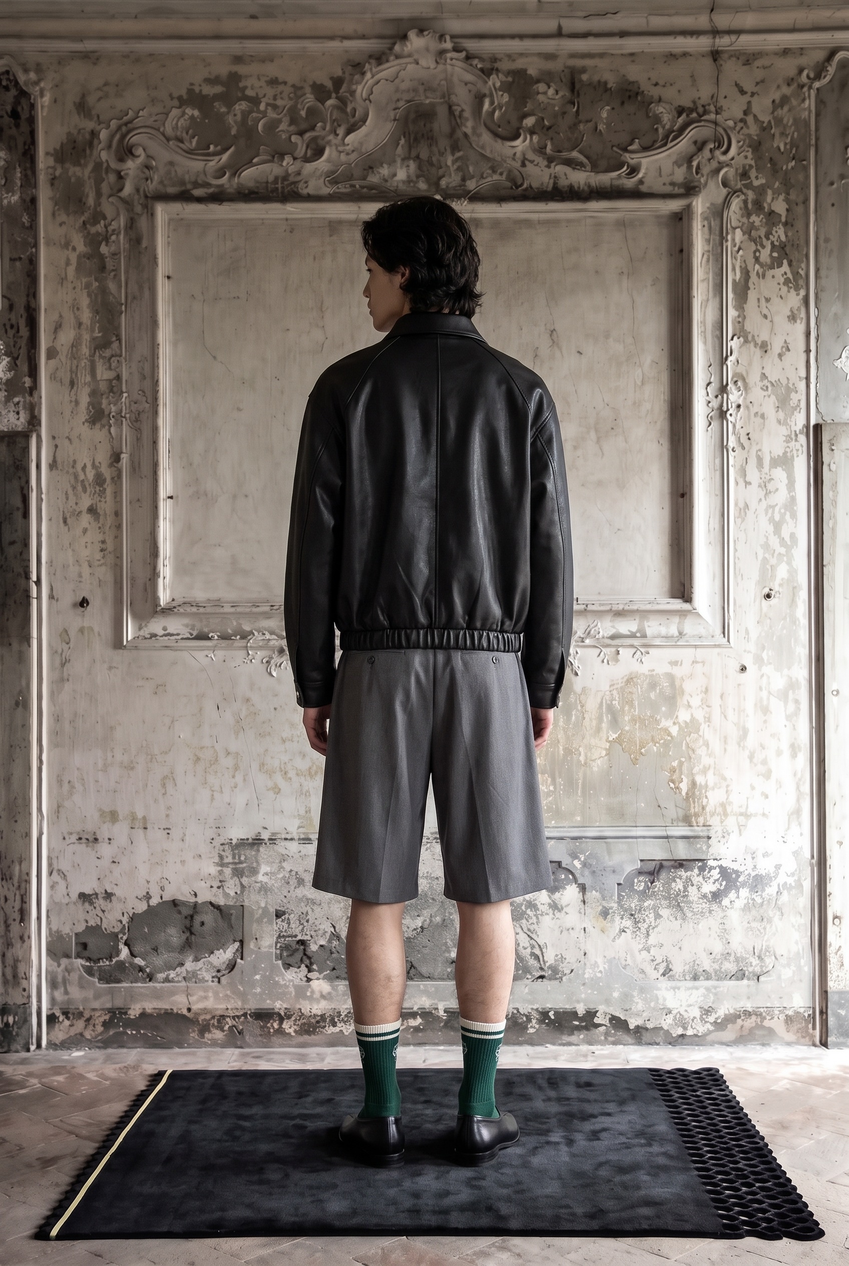 Leather Blouson and Pleated Shorts: back view