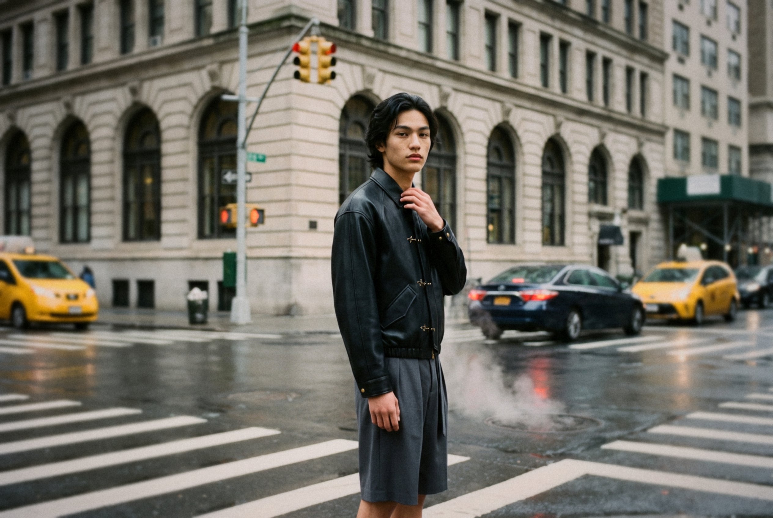 Leather Blouson and Pleated Shorts, New York: crossing close