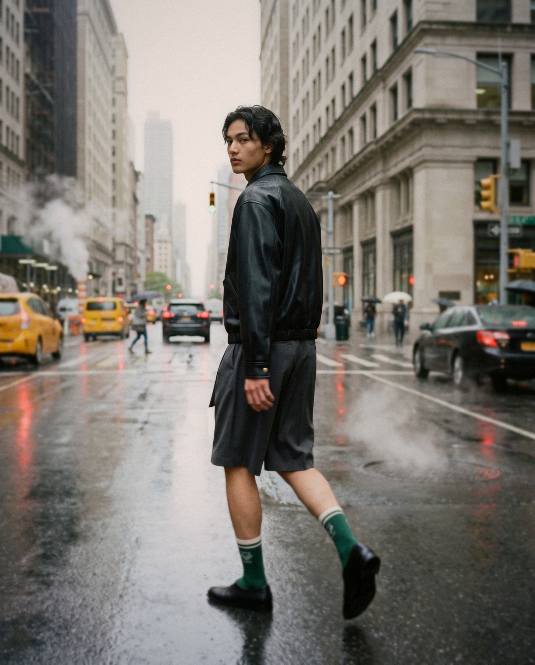 Leather Blouson and Pleated Shorts, New York: back walk