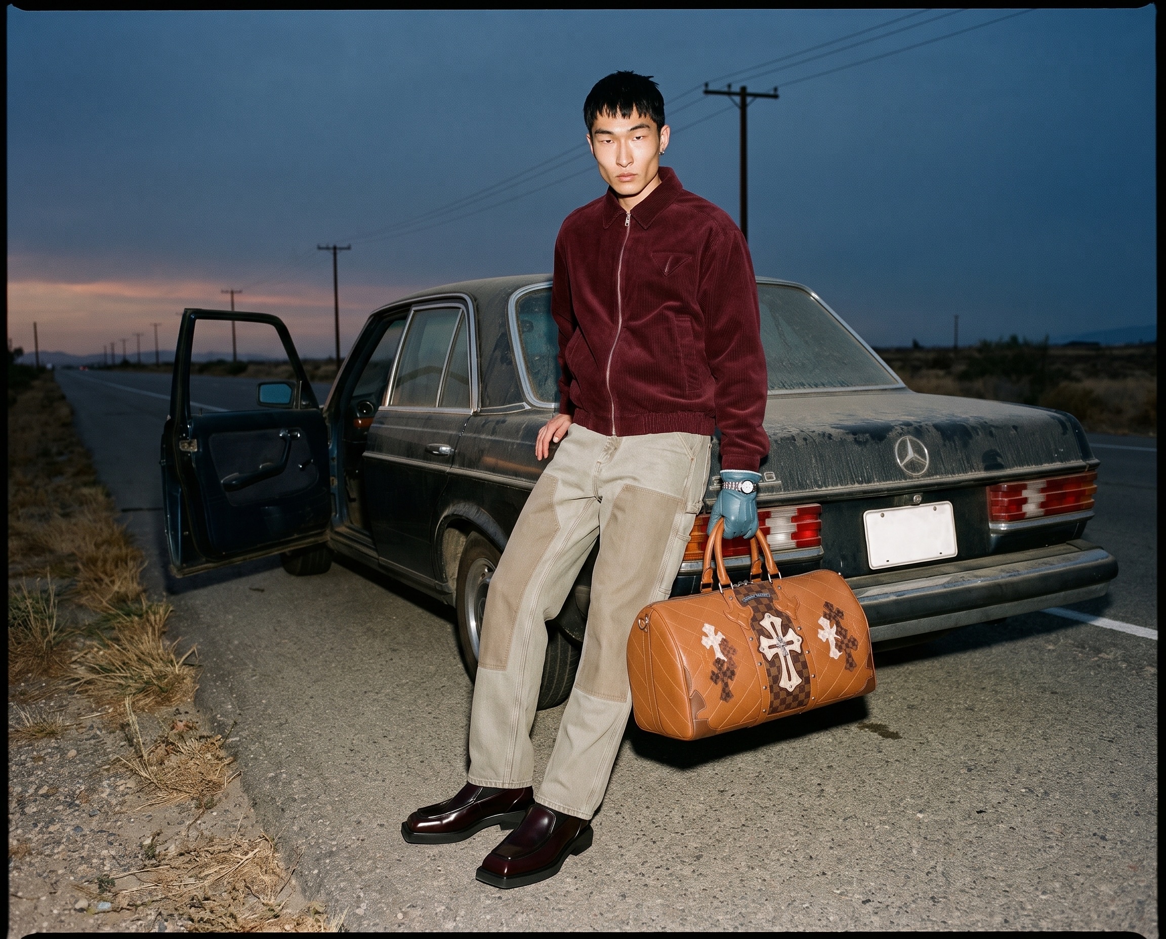 Corduroy Jacket and Carpenter Jeans: car lean