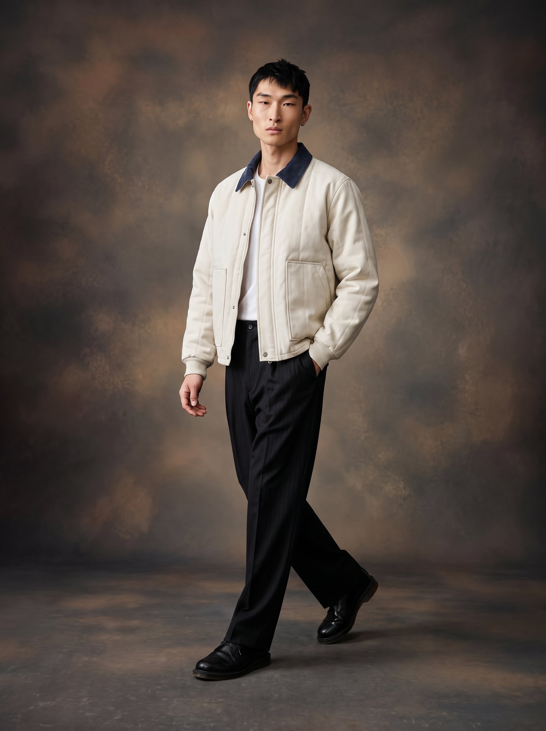 Cream Work Jacket and Pinstripe Trousers: three-quarter view