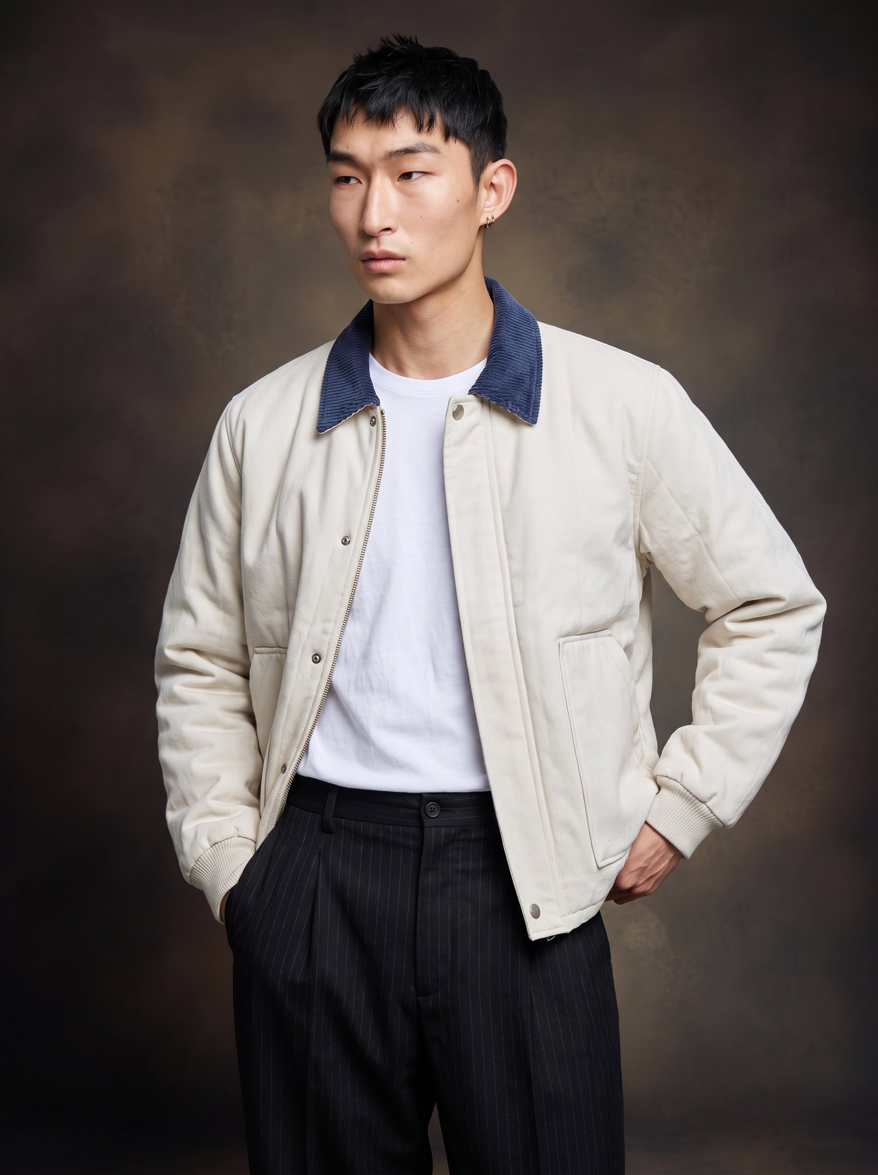 Cream Work Jacket and Pinstripe Trousers: candid
