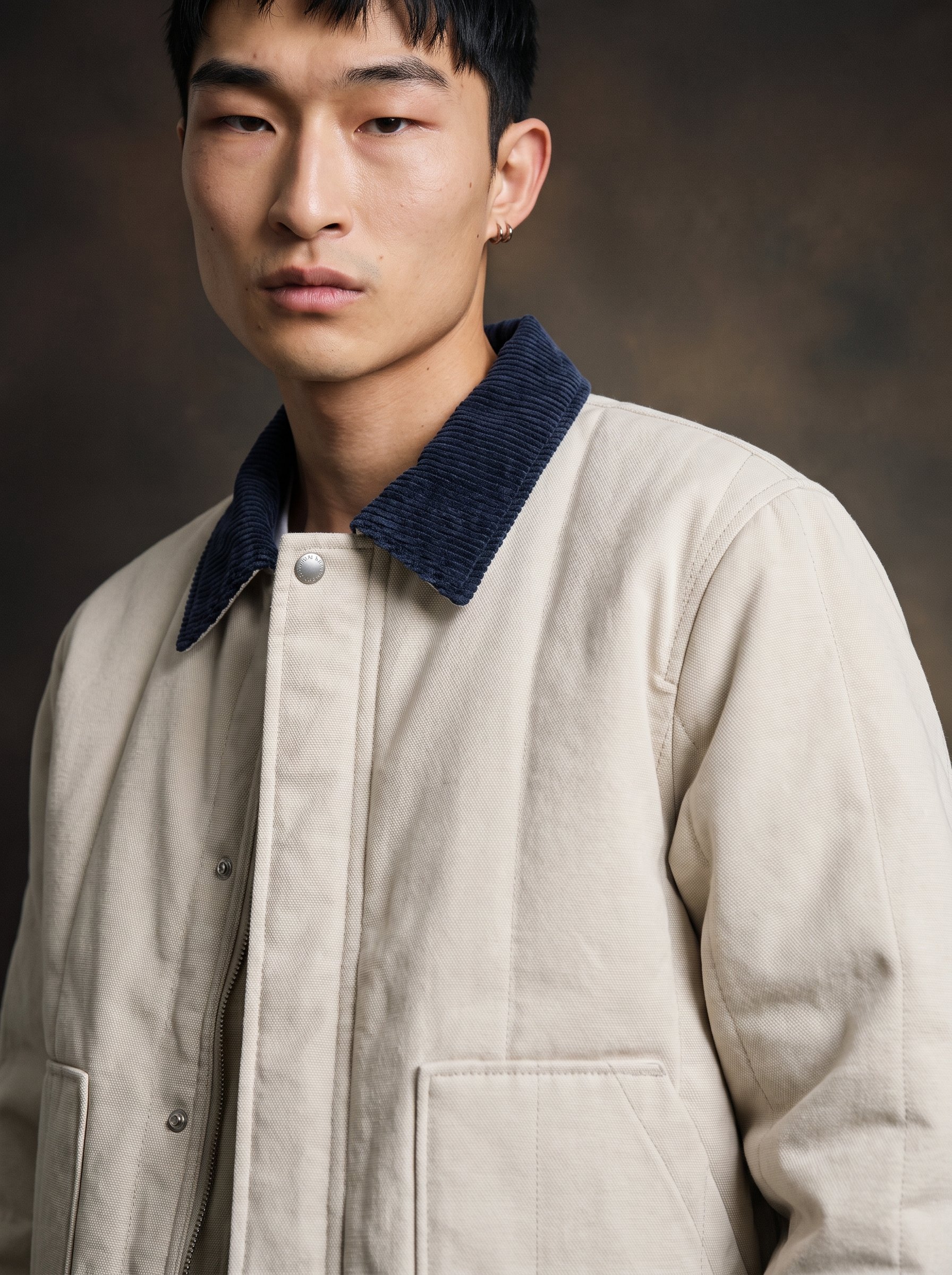 Cream Work Jacket and Pinstripe Trousers: jacket detail