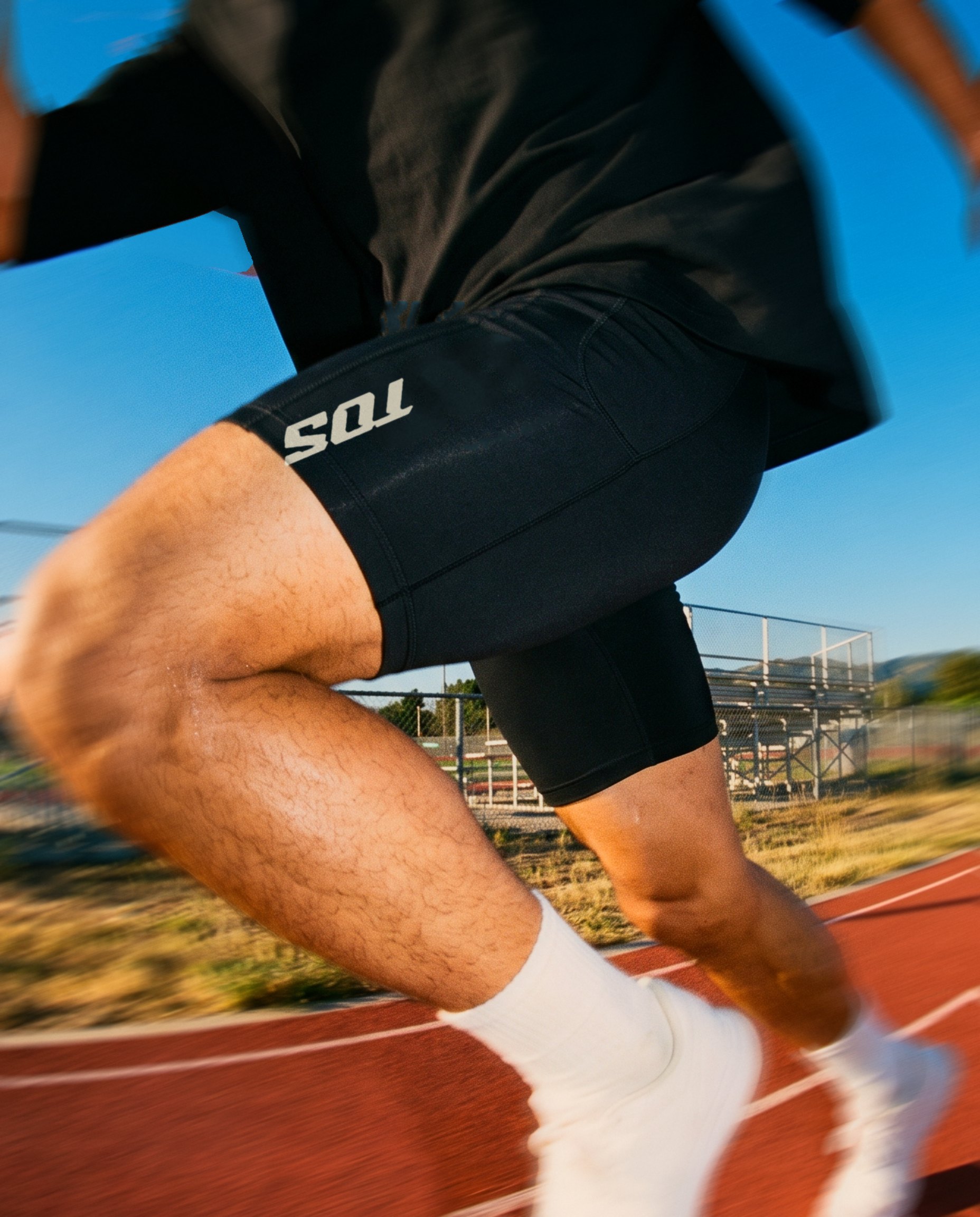 Boxy Tee and Compression Shorts: stride detail