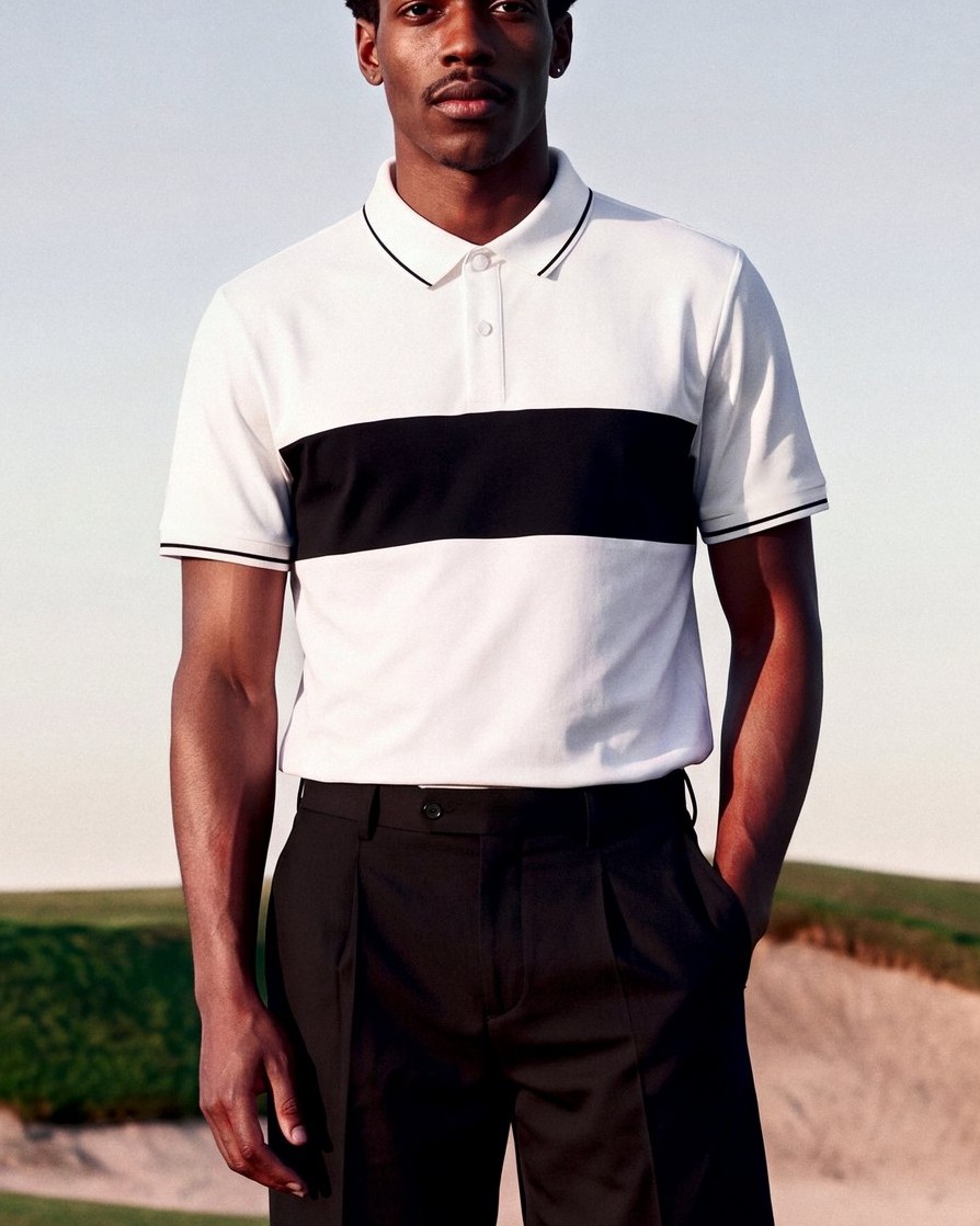 White Polo, Black Chest Band: full look