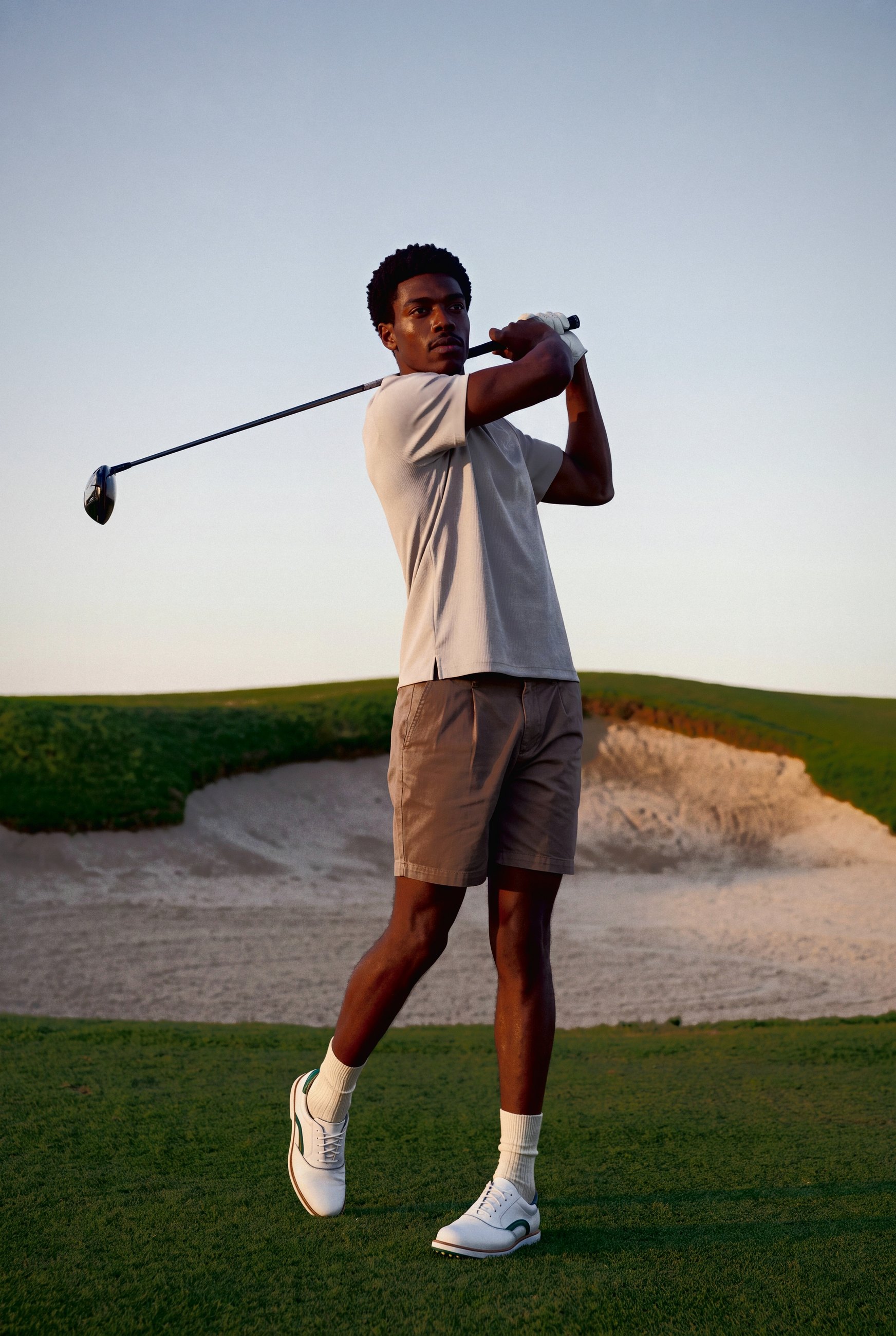Stone Rib-Knit Polo: key visual, swing finish