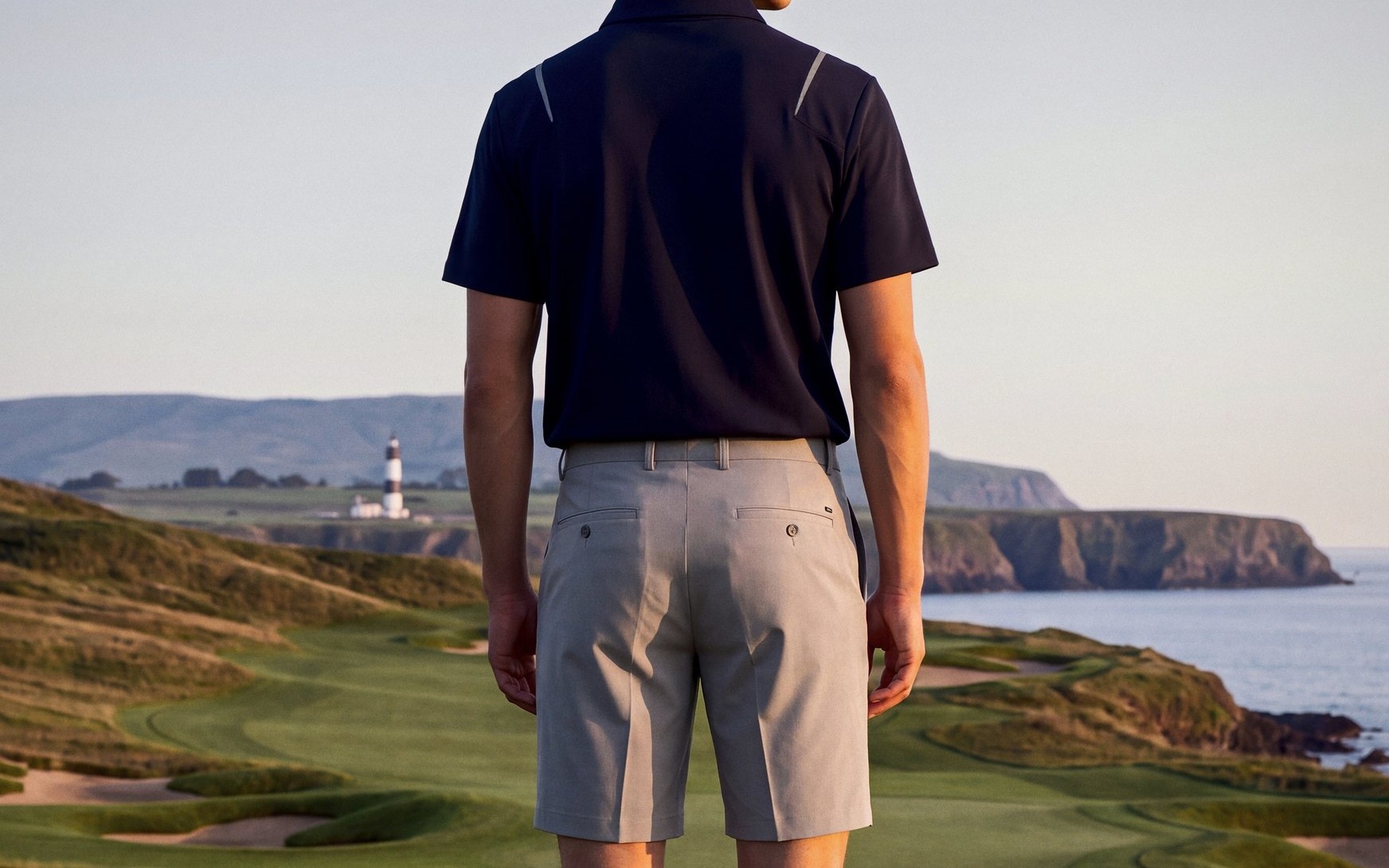Navy Polo, Grey Piping: back view