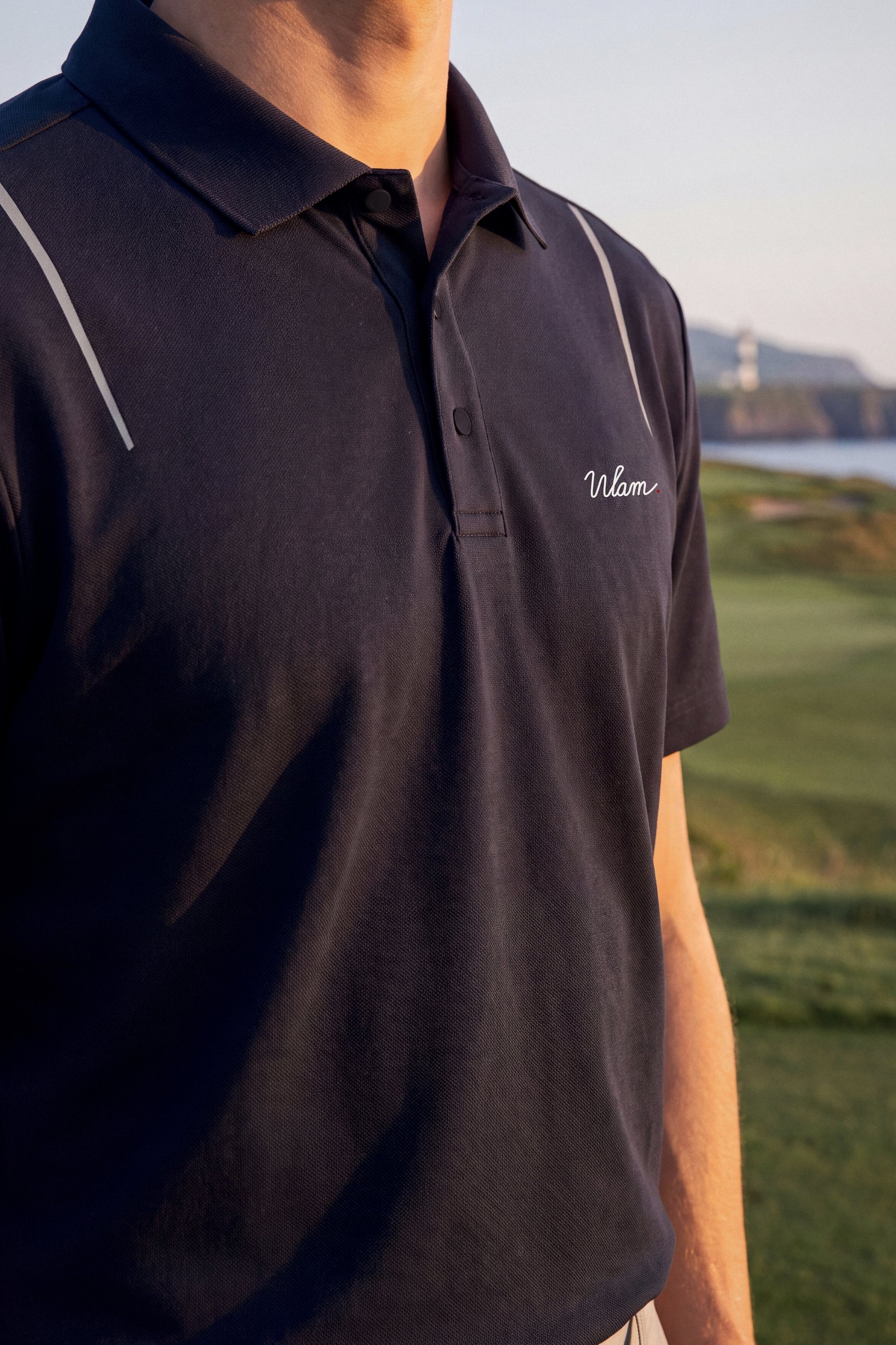 Navy Polo, Grey Piping: details