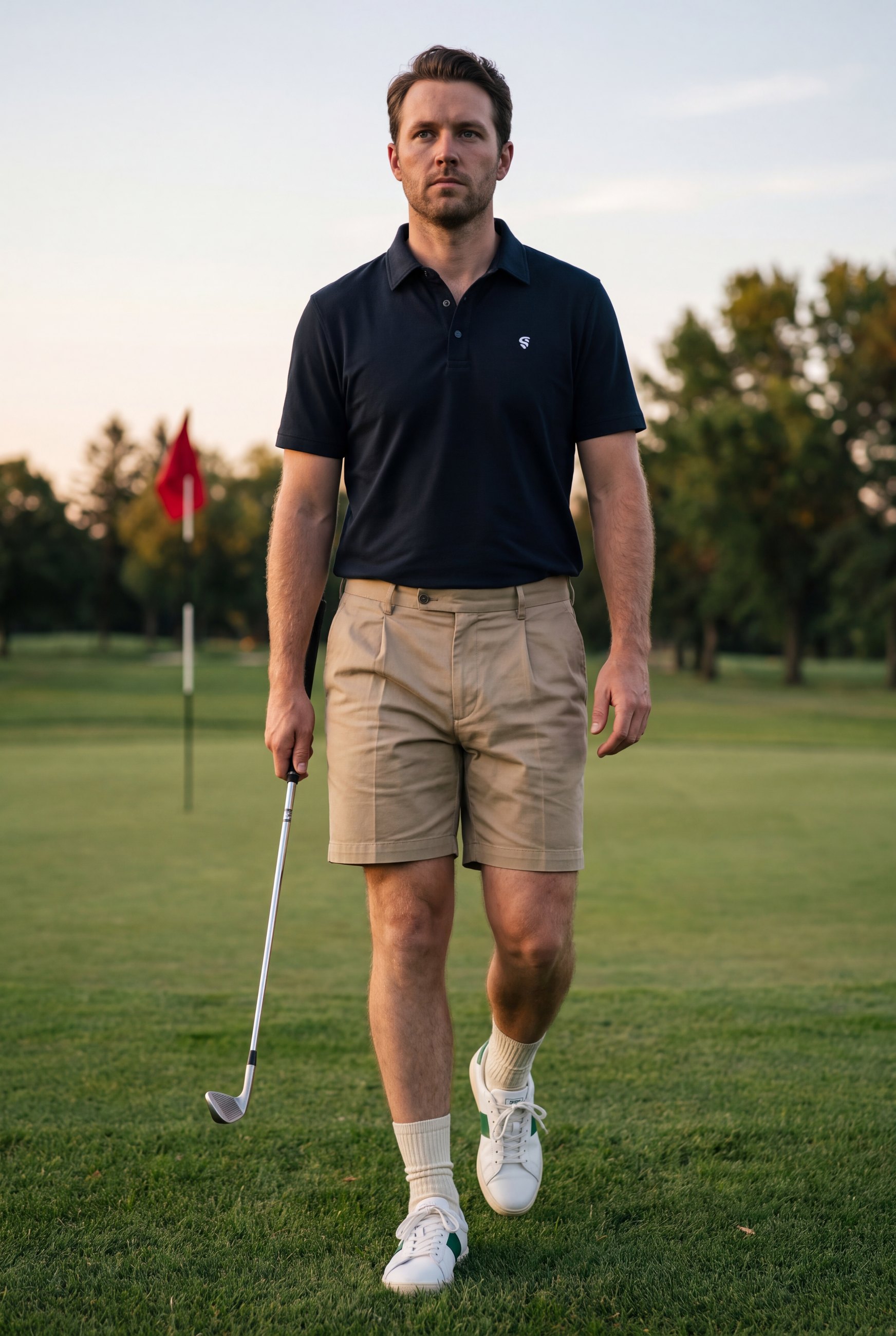 Navy Snap Polo: key visual, fairway walk