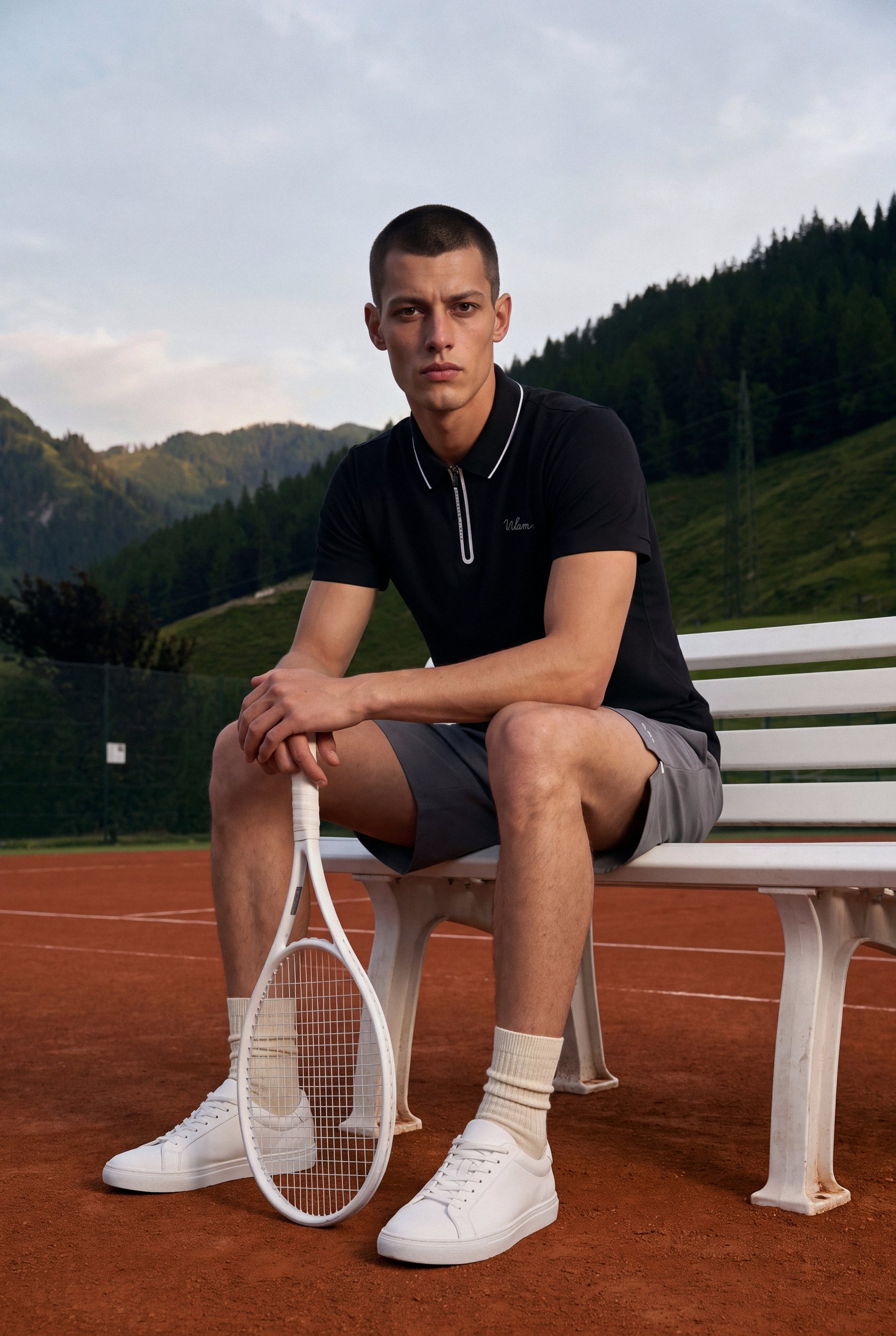Black Zip Polo, White Trim: key visual, courtside bench