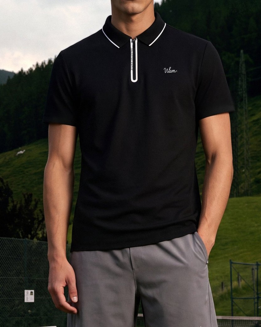 Black Zip Polo, White Trim: full look