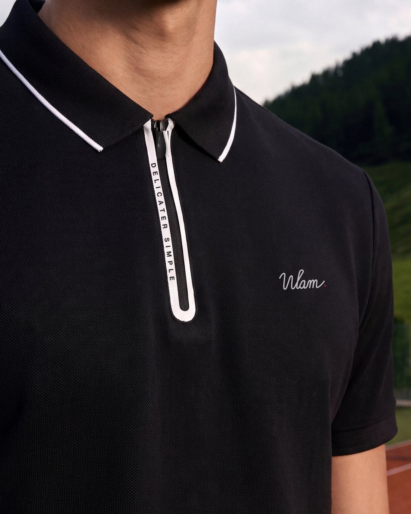 Black Zip Polo, White Trim: details