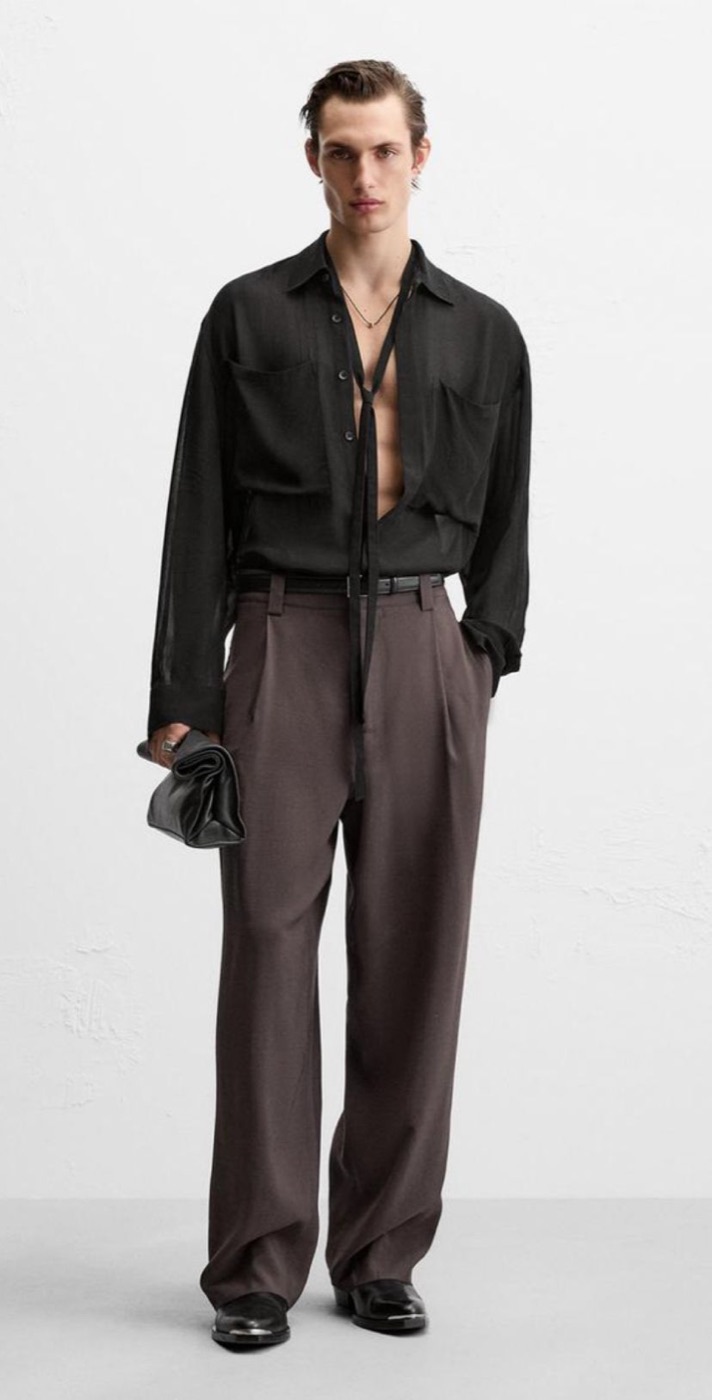 Black Sheer Shirt, Brown Trousers