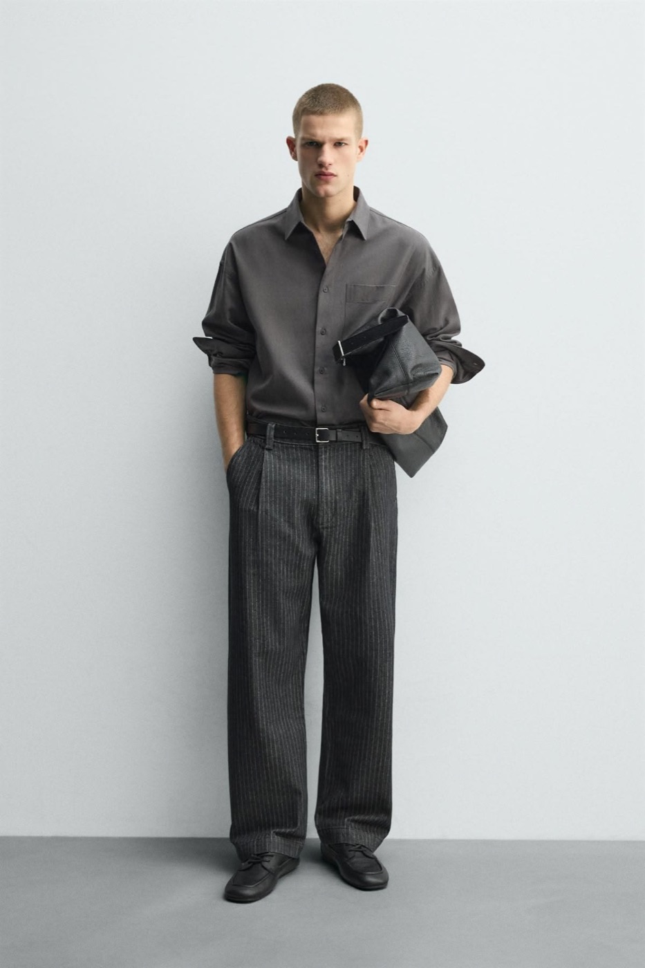 Grey Shirt, Pinstripe Trousers