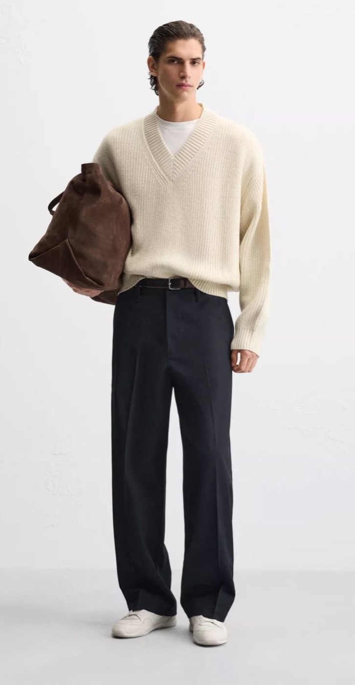 Cream V-Neck Knit, Black Trousers