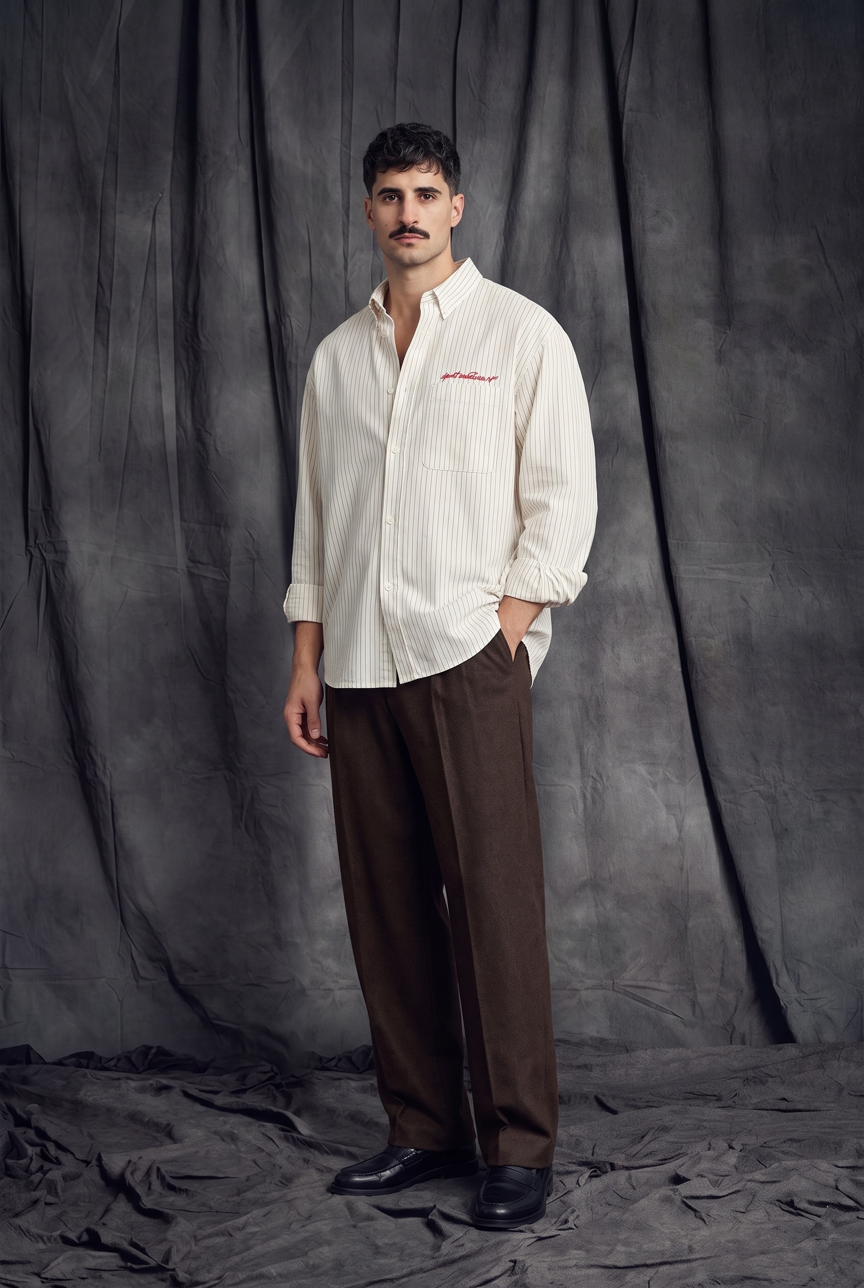 Striped Oxford Shirt and Wool Trousers: three-quarter view