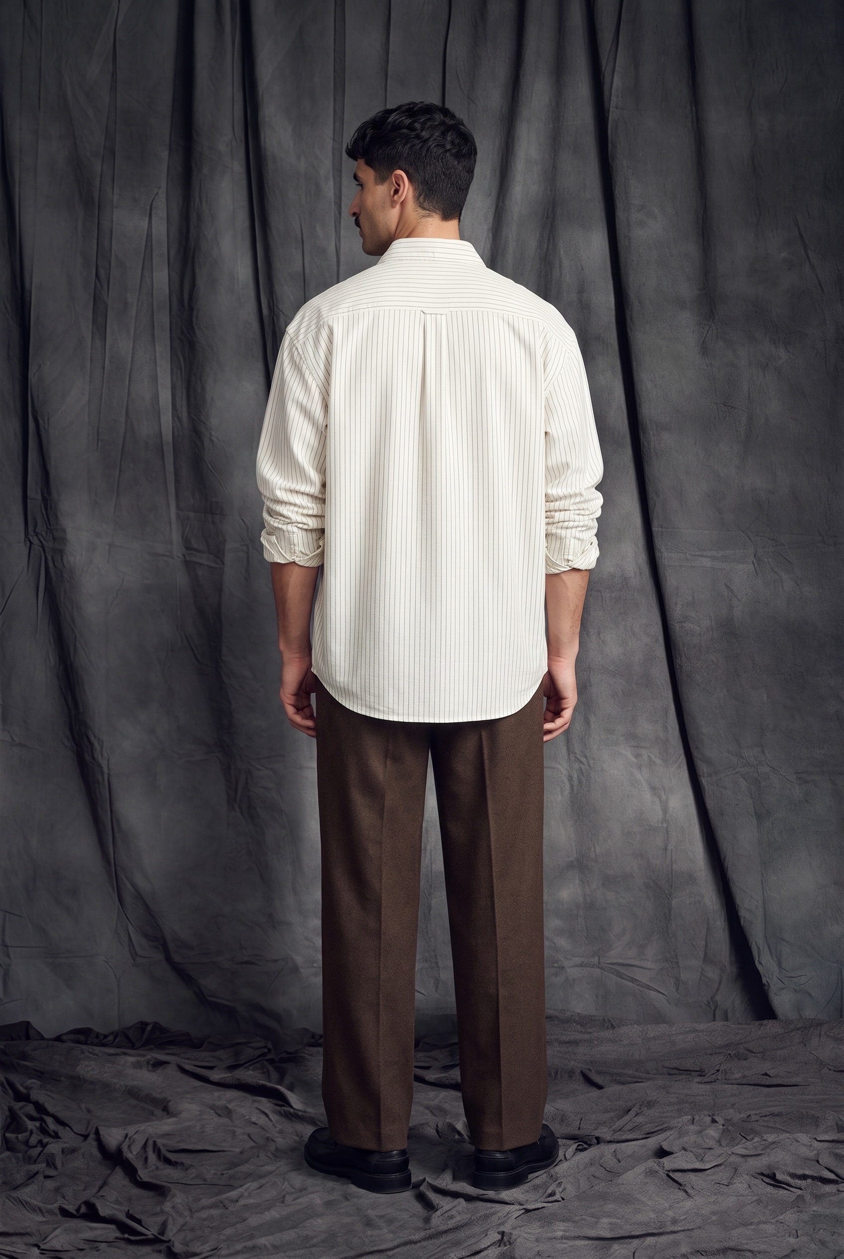 Striped Oxford Shirt and Wool Trousers: back view