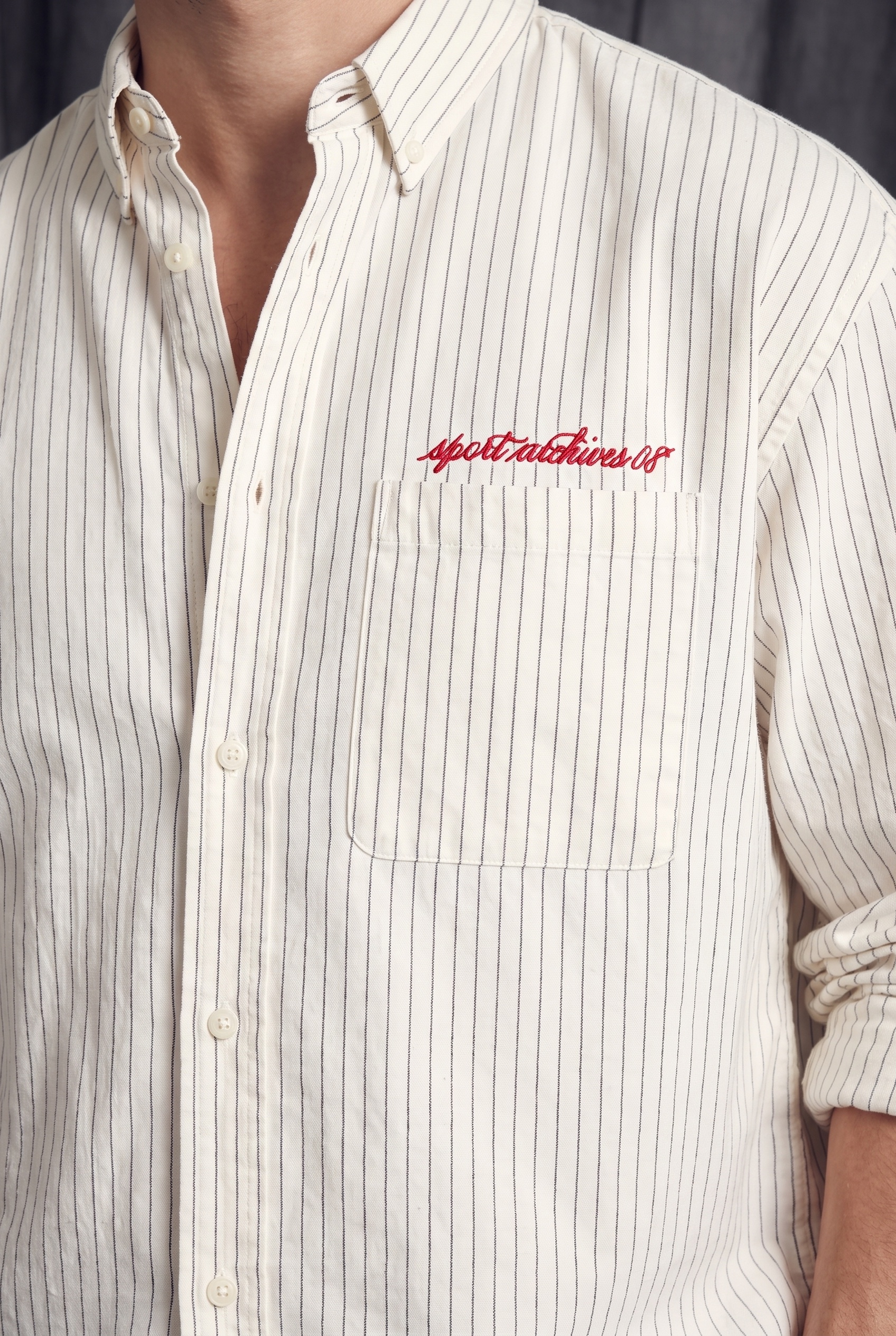 Striped Oxford Shirt and Wool Trousers: shirt detail