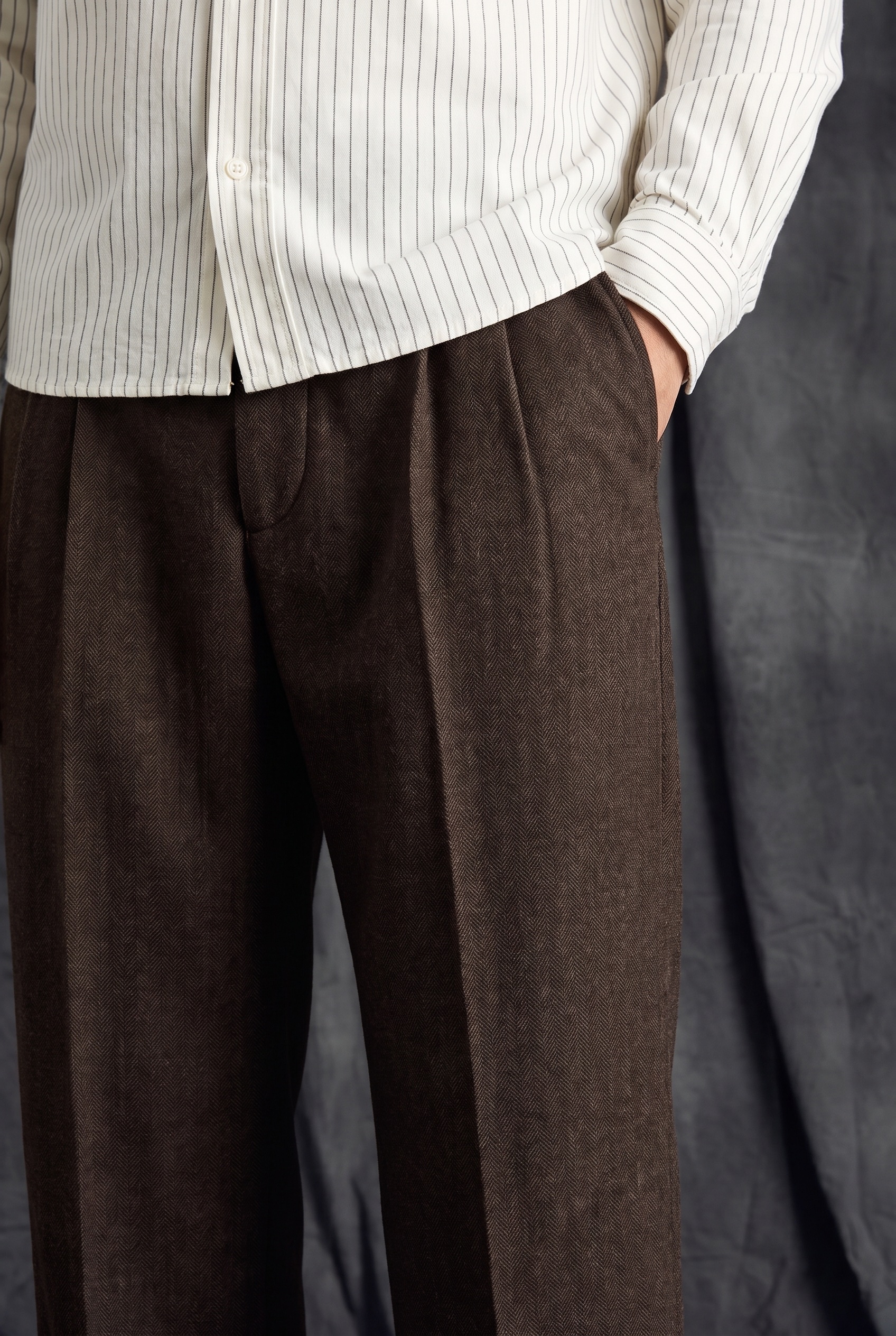 Striped Oxford Shirt and Wool Trousers: trouser detail