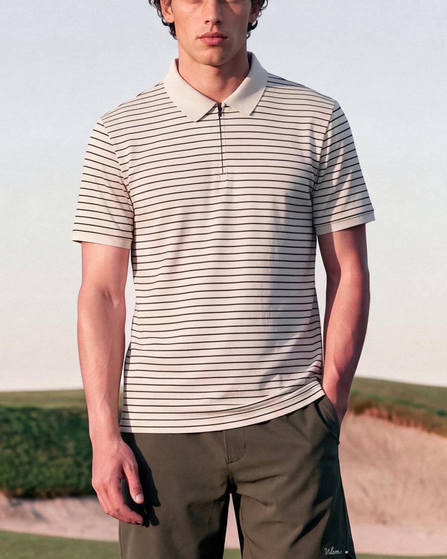 Striped Zip Polo and Olive Shorts: full look