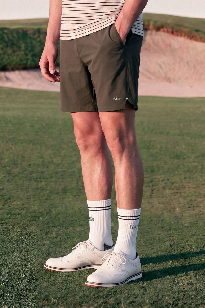 Striped Zip Polo and Olive Shorts: three-quarter view