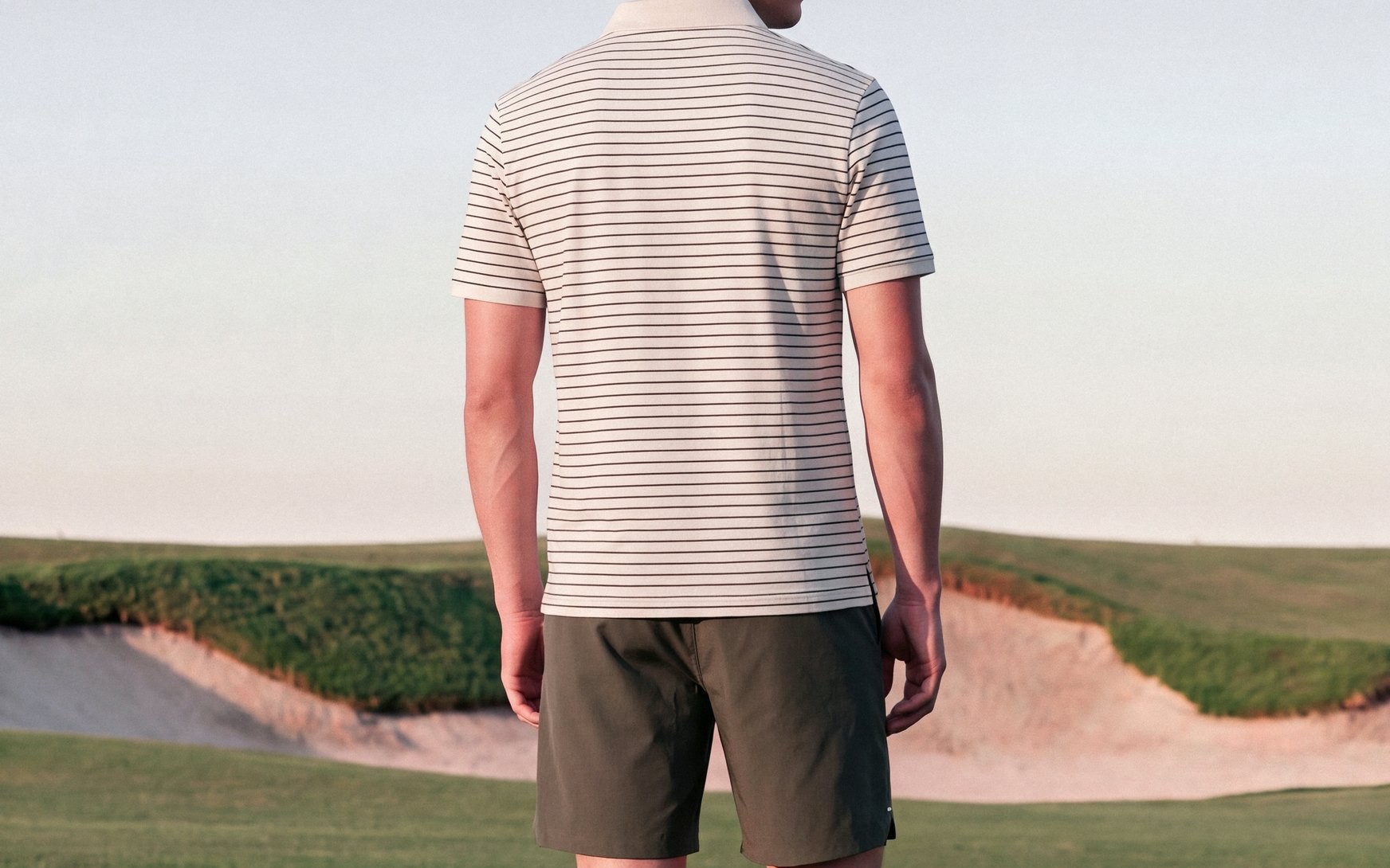 Striped Zip Polo and Olive Shorts: back view