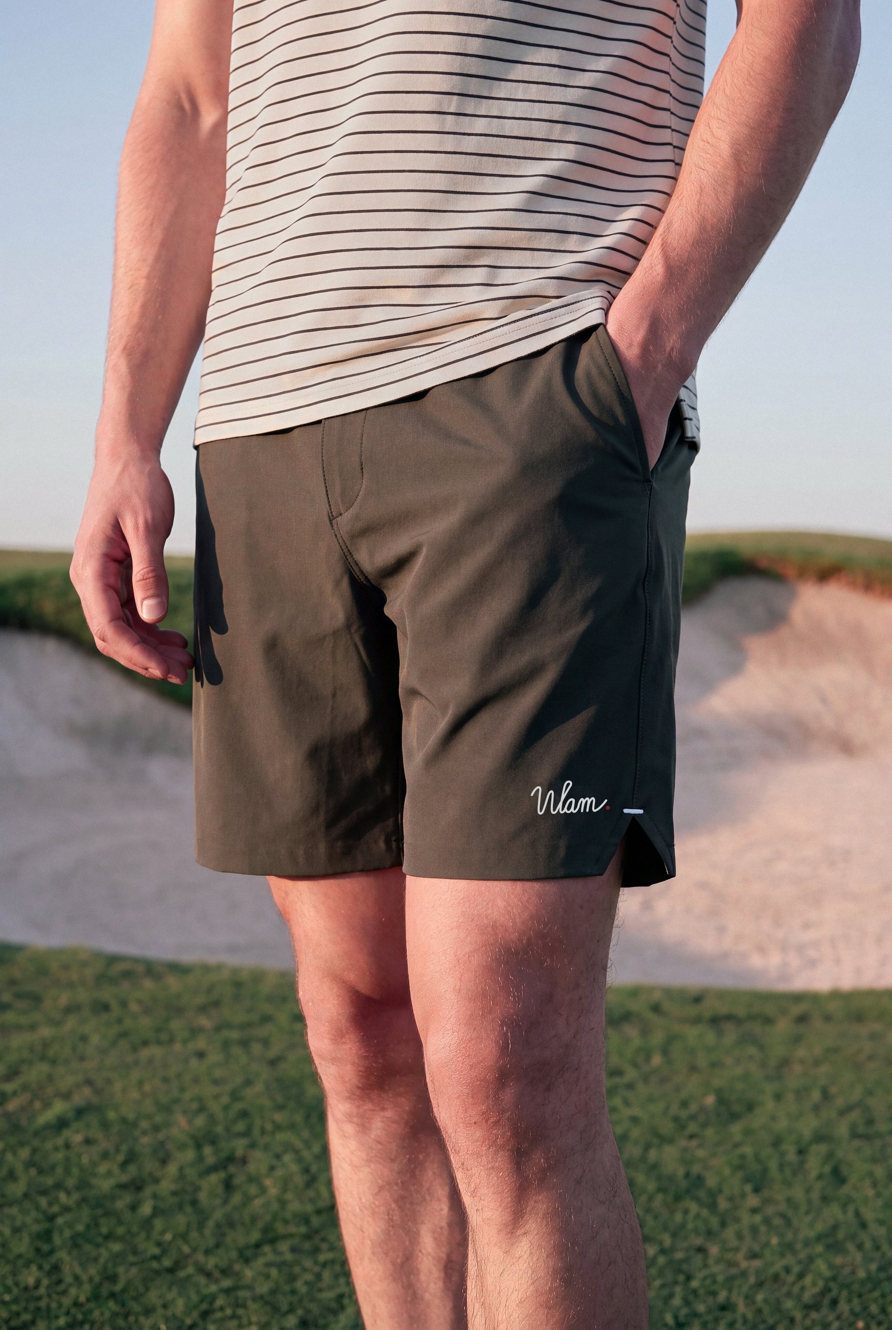 Striped Zip Polo and Olive Shorts: shorts detail