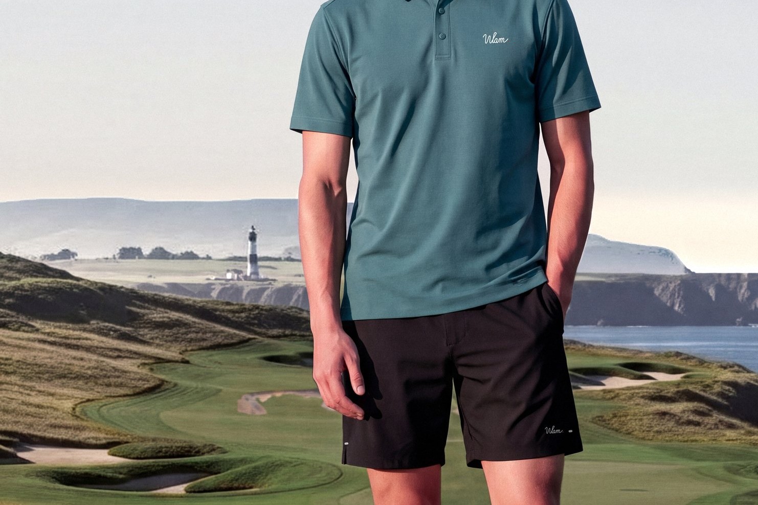 Teal Snap Polo and Black Shorts: full look