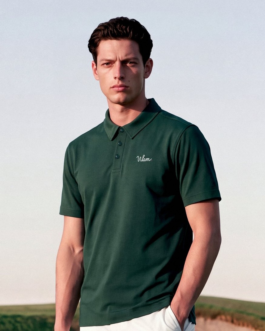 Deep Green Polo and White Shorts: three-quarter view